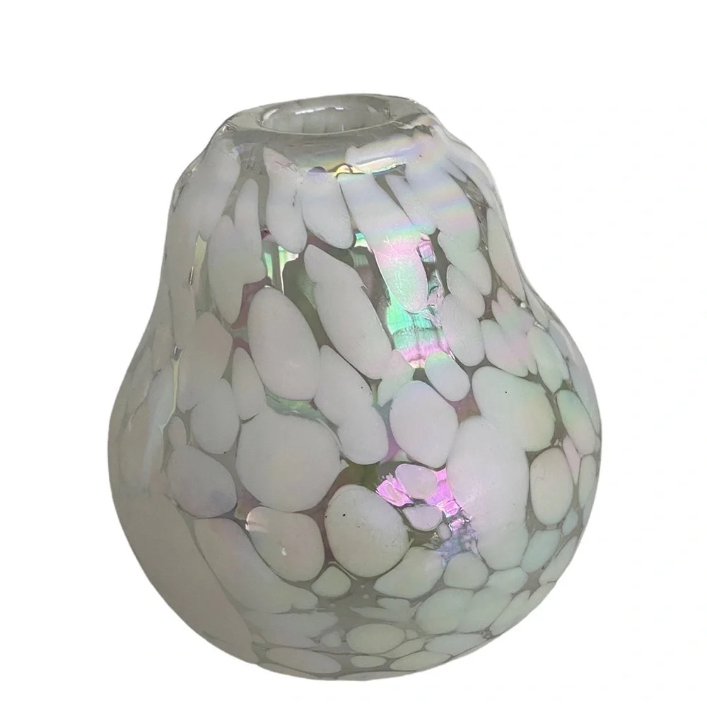 Blown Art Deco Small Glass Bud Vase Iridescent Pearl White and Clear